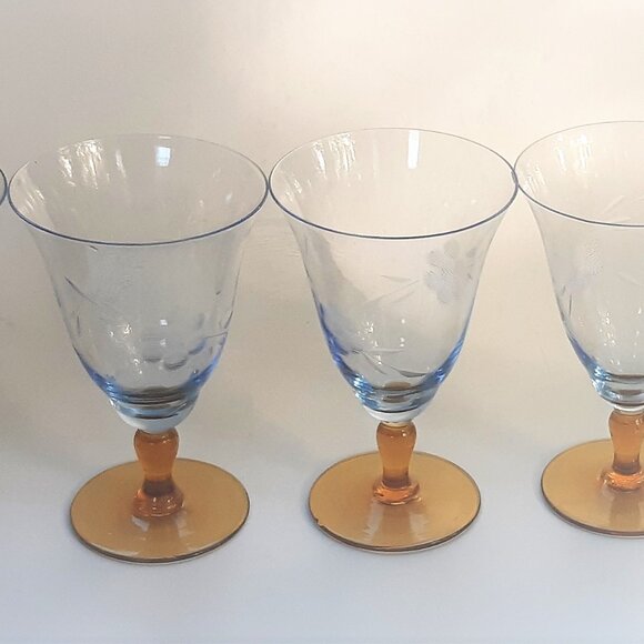 VTG Antique Thin Elegant Glass Azure Blue Goblet Amber Stem Set of 4 Etched Rare - Picture 4 of 14